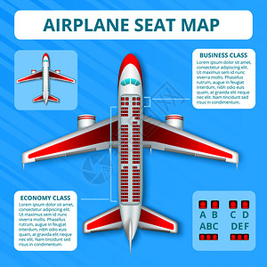 乘客飞机座位图,真实的顶部视图,布局蓝色背景海报,航空公司信息矢量插图飞机座位图片