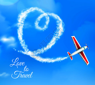 爱旅行心形飞机冷凝小径蓝天背景广告海报现实矢量插图凝结痕迹心脏现实图片