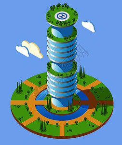 圆形等距未来主义摩天大楼背景与高层办公楼绿色区域周围的矢量插图等距未来的摩天大楼背景图片