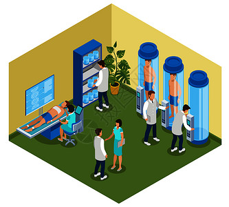 医学的未来等距成与医院房间与冷冻室人矢量插图未来医学等距成图片