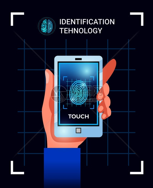 生物识别用户技术海报与手持智能手机与触摸屏身份证密码指纹图像矢量插图识别技术海报图片