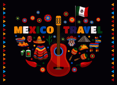 墨西哥五颜六色的民族传统符号成与吉他旗食品具龙舌兰仙人掌旅游广告矢量插图墨西哥五颜六色的符号成图片
