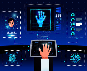识别计算机技术模式与集成触摸屏接口,用于安全授权用户访问蓝色背景矢量插图识别技术接口模式图片