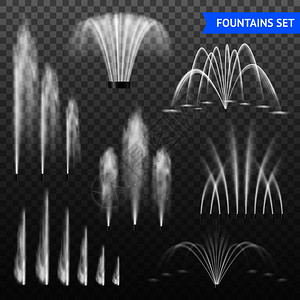 装饰室外水喷泉喷射装置7种同形状的大小范围,透明背景矢量插图现实喷泉透明套装背景图片