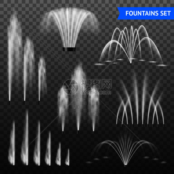 装饰室外水喷泉喷射装置7种同形状的大小范围,透明背景矢量插图现实喷泉透明套装图片