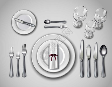 桌子现实的顶部视图与现代餐具集服务于个人的三维矢量插图表真实的顶部视图图片