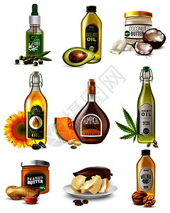 套真实的植物油种子,坚果水果瓶子罐子中分离的矢量插图逼真的植物油套装图片