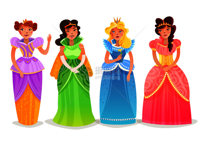 公主卡通集与女人物明亮的彩色优雅服装皇冠矢量插图公主卡通集图片