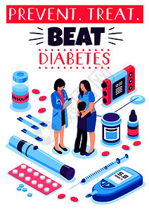 击败糖尿病等距成与治疗药物药丸胰岛素注射医生建议的预防矢量插图糖尿病预防治疗海报图片