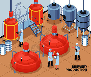 啤酒生产工艺等距成,人员控制热块发酵缸海报矢量插图啤酒厂生产等距插图图片