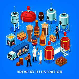 啤酒厂生产等距元素成与大麦谷物碾磨捣碎沸腾发酵装瓶蓝色背景矢量图啤酒厂等距成图片