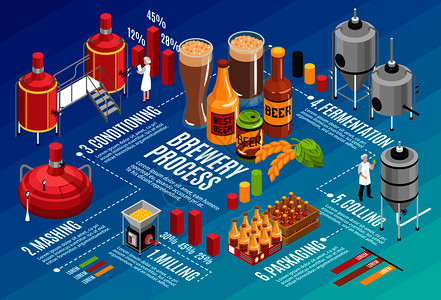啤酒厂生产技术等距信息图表海报与铣削捣碎发酵冷却过程装瓶分布图矢量插图啤酒厂等距信息图图片
