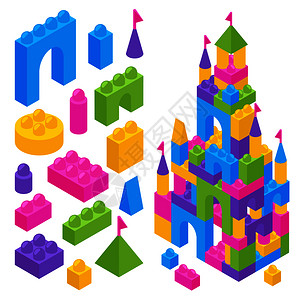 儿童玩具建设者等距广告构图与彩色积木城堡塑料砖矢量插图玩具构造函数等距块图片