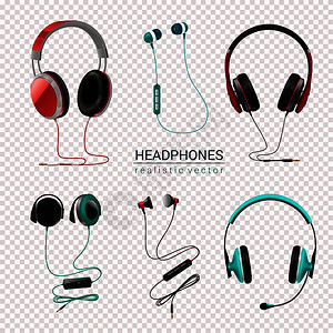 耳机耳机,各种类型的耳机,耳内耳机,逼真的彩色,透明背景,矢量插图耳机逼真透明图片