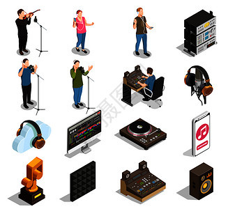 音乐行业等距图标与录音室符号隔离矢量插图音乐行业图标图片
