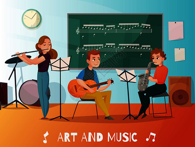 学校音乐课,学生演奏萨克斯管,吉他长笛,粉笔板与笔记卡通矢量插图音乐课卡通插图图片