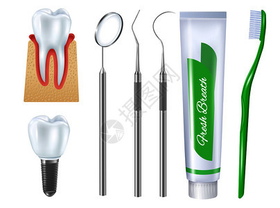 义齿基托上的牙刷牙膏管义齿用于牙齿治疗矢量插图的医疗工具现实的牙科套装图片
