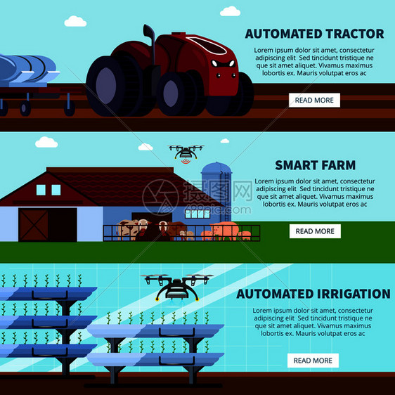 智能农业与无人拖拉机,自动灌溉正交平横幅蓝天背景孤立矢量插图智能农业正交平横幅图片