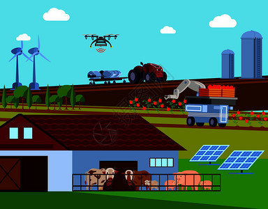 智能农业正交平成与自动化农业车辆,绿色能源,牛与无线电信号矢量插图智能农业正交平成图片