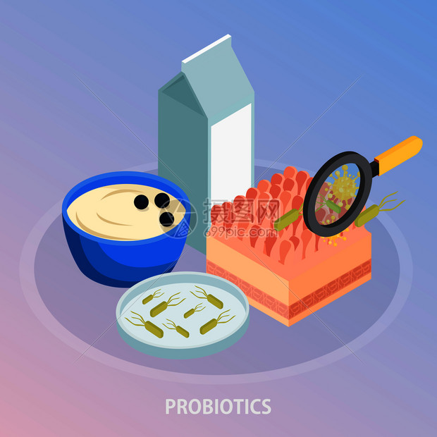 益生菌等距背景成与食物图像的微生物与手透镜文本矢量插图益生菌等距背景成图片