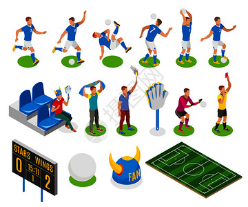 足球等距图标集球迷,游戏者,裁判人物板与得分的比赛矢量插图足球等距图标图片