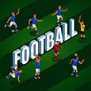 足球等距背景与球员运动踢球球场矢量插图足球等距海报图片