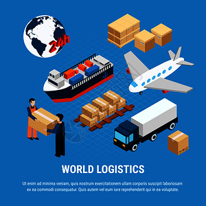 各种物流货运送货服务工作者蓝色背景三维等距矢量图上物流等距集图片