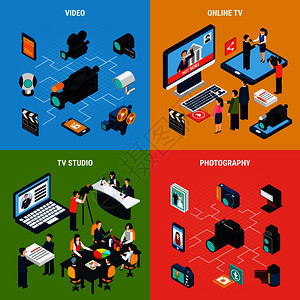 照片视频等距与专业电视摄影设备的图标与人物矢量插图照片视频图片