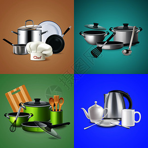 现实厨房工具炊具厨师绿色烹饪套水壶与陶器孤立矢量插图现实的厨房工具理念图片