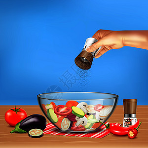 手与胡椒磨沙拉蔬菜璃碗蓝色背景现实矢量插图璃碗插图中的沙拉图片