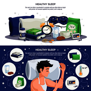 健康睡眠水平横幅与轻人睡骨科枕头舒缓茶具书籍与建议健康生活方式矢量插图健康睡眠水平横幅图片