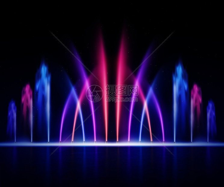 大型多色装饰舞蹈水射流引导灯光喷泉展示夜间写实图像矢量插图喷泉夜间写实形象图片