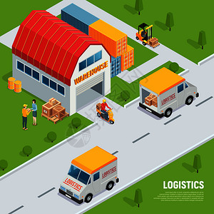 仓库物流运输收货设备等距成与送货车辆,储存集装箱,叉车矢量图物流等距成图片