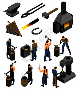 等距铁匠集与锻造车间设施的孤立图像人的特征铁锻造矢量插图铁槽图标图片
