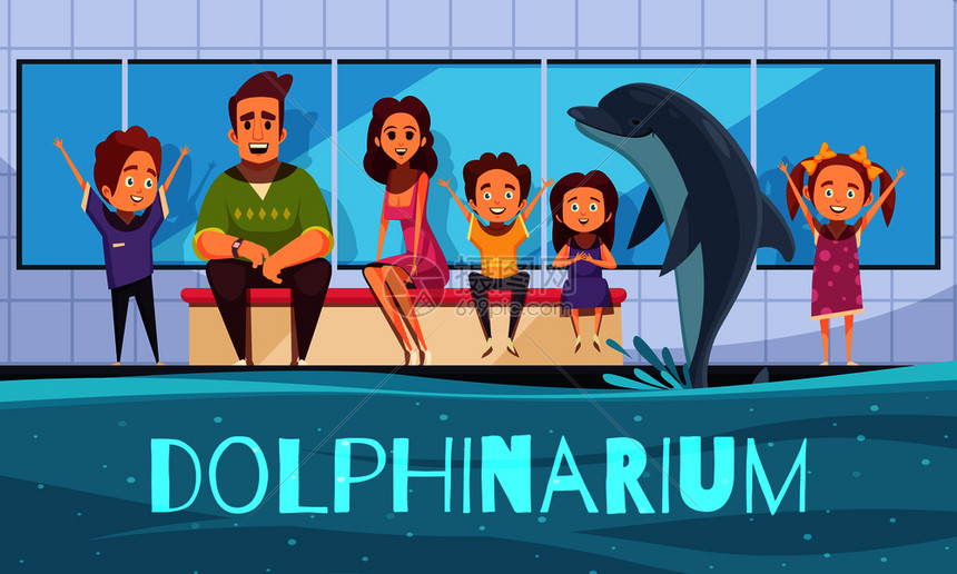 海豚馆背景与海豚跳出游泳池卡通人物的人矢量插图海豚背景的家庭图片