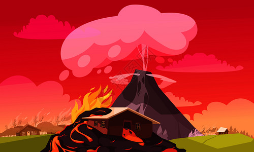 自然灾害爆发构成的平卡通风格景观与燃烧的房屋抽搐的自然矢量插图火山爆炸平成图片