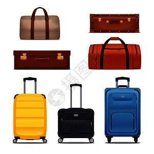 行李彩色套袋,手提行李行李箱,隔离白色背景的现实矢量插图上行李彩色套装背景图片