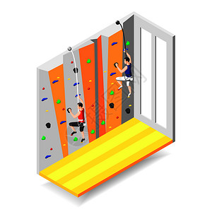 极限运动与两个男人物爬上训练爬墙与握持等距矢量插图爬墙等距图片