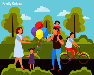 家庭与孩子夏季周末活动正交合与自行车骑农村户外游戏矢量插图家庭户外正交成图片