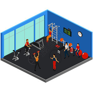 健身等距成与运动锻炼室与大窗户,体育设备人们制定矢量插图保持合适的演播室构图背景图片