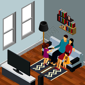 轻的家庭两个小女儿看电视,家庭等距构图与客厅内部矢量插图家庭家庭等距成图片