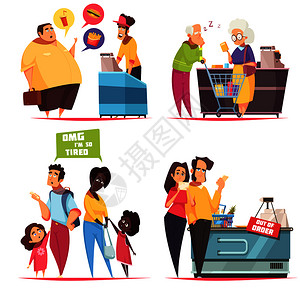 队列字符4图标与老轻夫妇超市快餐线矢量插图排队人图片