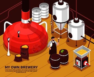 人啤酒厂设施与大麦袋麦芽加热发酵设备自豪的业主等距矢量插图啤酒厂老板等距海报图片