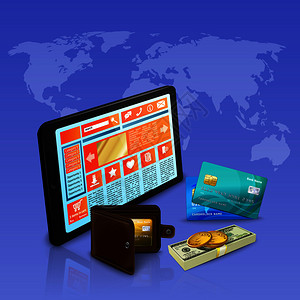 网上购物网上支付与银行卡现实构成紫罗兰背景与世界矢量插图网络购物支付现实构成图片