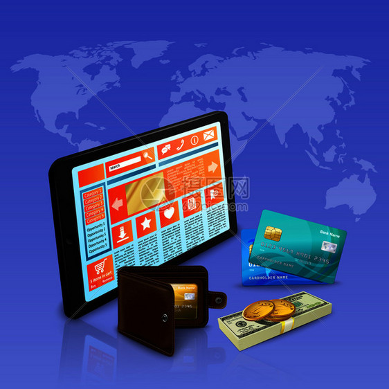 网上购物网上支付与银行卡现实构成紫罗兰背景与世界矢量插图网络购物支付现实构成图片