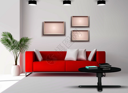 客厅图像与红色沙发补充白色黑色室内细节现实家居矢量插图真实的内部图像图片