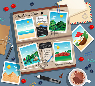 旅行记忆抽象背景与照片相册,邮政信封咖啡卡通矢量插图旅行记忆抽象背景图片