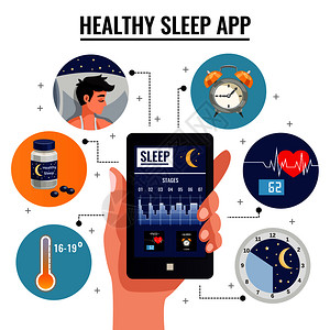 健康睡眠应用程序与睡眠阶段图智能手机屏幕上的人手矢量插图健康睡眠应用程序理念图片