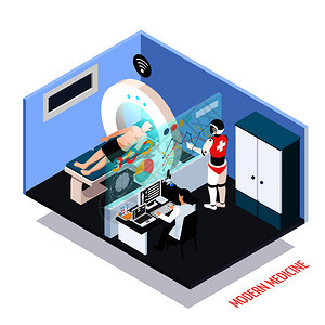先进的医疗技术等距成与机器人辅助MRI扫描仪诊断测试控制的操作员矢量插图医疗技术等距成图片