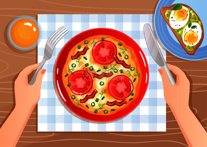 手与餐具炒鸡蛋与西红柿培根木桌背景平矢量插图炒鸡蛋手插图图片